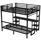 Lit superposé en métal Queen sur Twin XL avec bureau, étagères, lumières LED et ports USB, convertible en canapé, noir