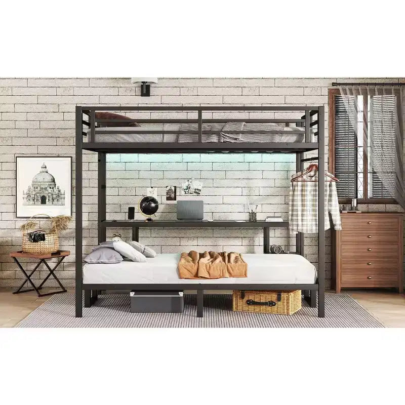 Queen Over Twin XL Metal Bunk Bed with Desk, Shelves, LED Lights and USB Ports, Converts to Sofa, Black