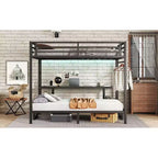 Lit superposé en métal Queen sur Twin XL avec bureau, étagères, lumières LED et ports USB, convertible en canapé, noir