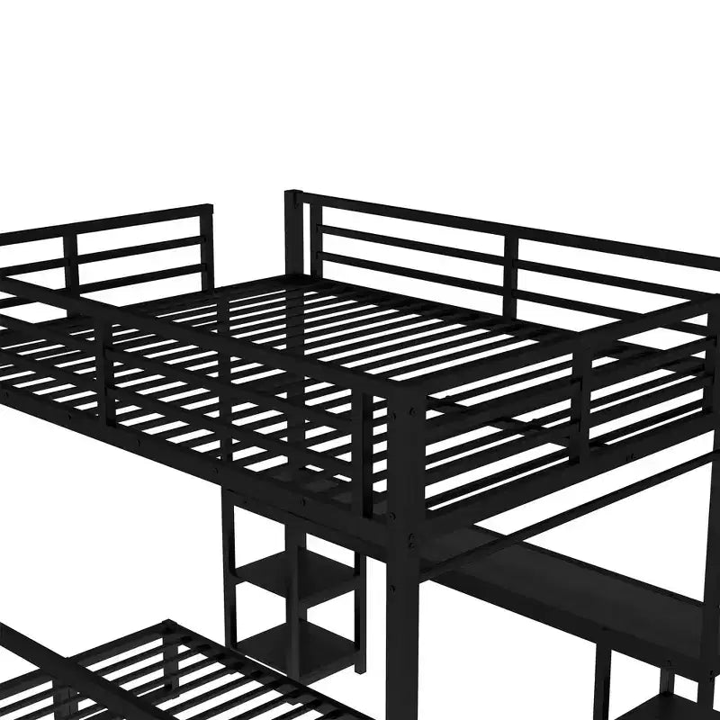 Queen Over Twin XL Metal Bunk Bed with Desk, Shelves, LED Lights and USB Ports, Converts to Sofa, Black