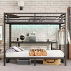 Lit superposé en métal Queen sur Twin XL avec bureau, étagères, lumières LED et ports USB, convertible en canapé, noir