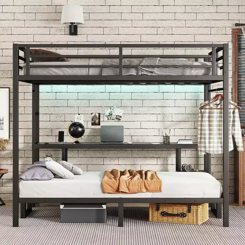 Queen Over Twin XL Metal Bunk Bed with Desk, Shelves, LED Lights and USB Ports, Converts to Sofa, Black