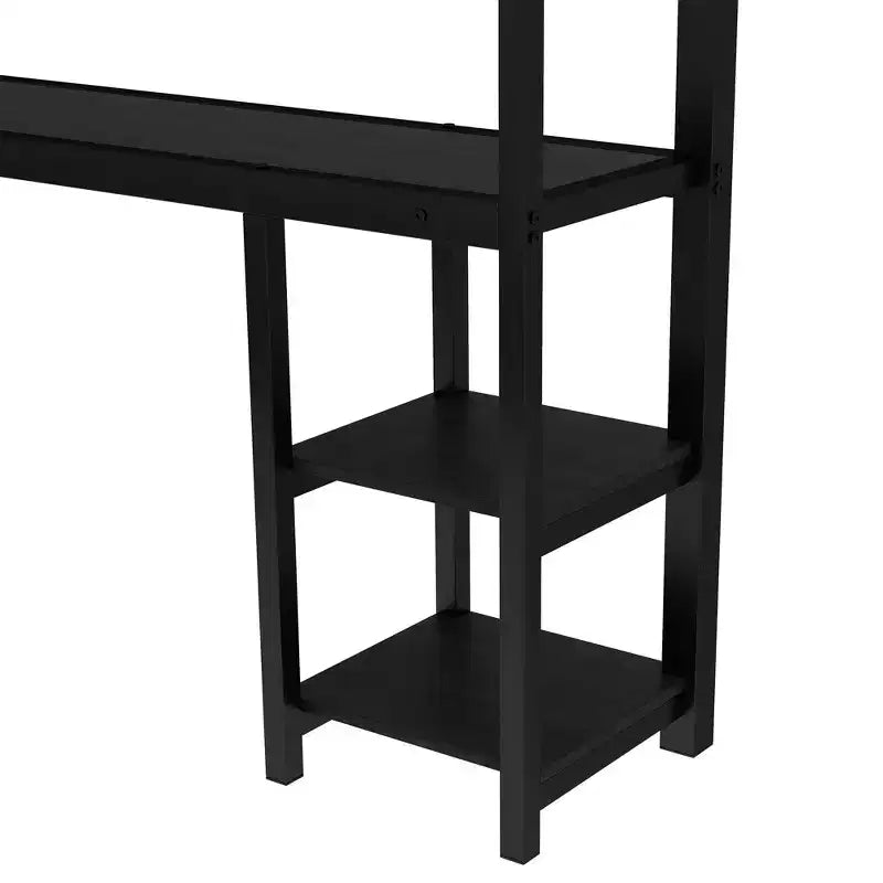 Queen Over Twin XL Metal Bunk Bed with Desk, Shelves, LED Lights and USB Ports, Converts to Sofa, Black