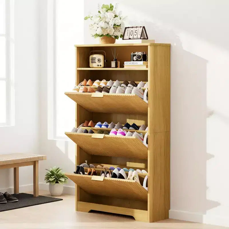 3-Tier Shoe Cabinet with Flip-Down Doors and Open Shelf