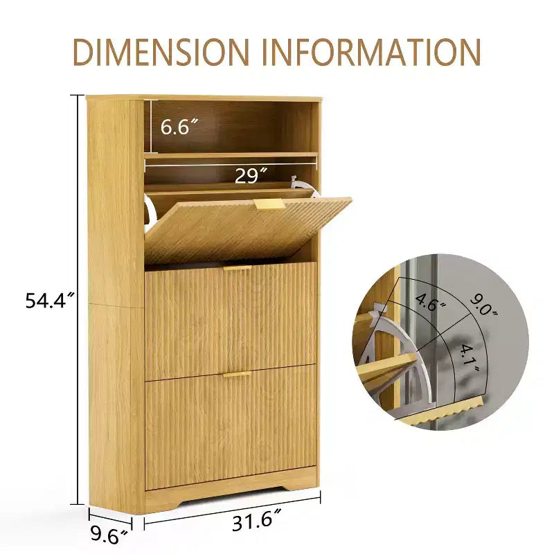 3-Tier Shoe Cabinet with Flip-Down Doors and Open Shelf