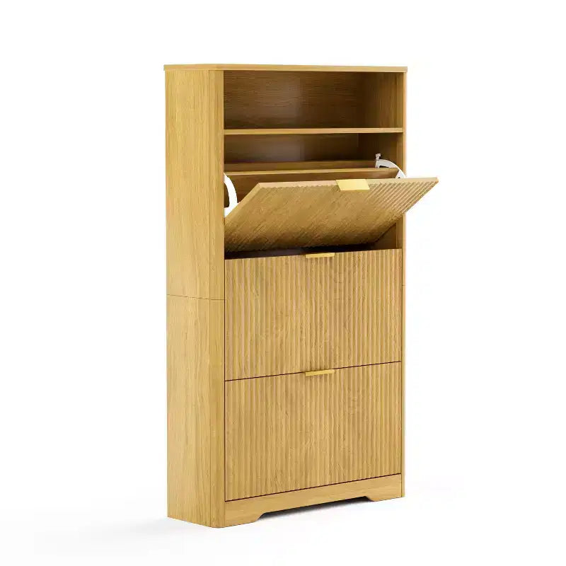 3-Tier Shoe Cabinet with Flip-Down Doors and Open Shelf