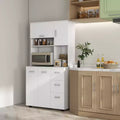 66" Buffet with Hutch, Freestanding Kitchen Pantry Cabinet with 2 Large Cabinets, 1 Pull-Up Cabinet, 3 Drawers & Wide Countertop, White
