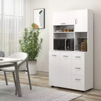Buffet de 168 cm avec huche, garde-manger autoportant de cuisine avec 2 grands placards, 1 armoire relevable, 3 tiroirs et grand plan de travail, Blanc