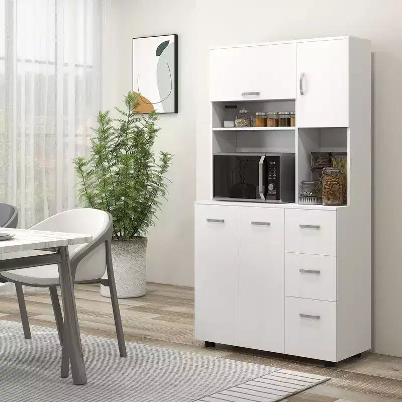 66" Buffet with Hutch, Freestanding Kitchen Pantry Cabinet with 2 Large Cabinets, 1 Pull-Up Cabinet, 3 Drawers & Wide Countertop, White