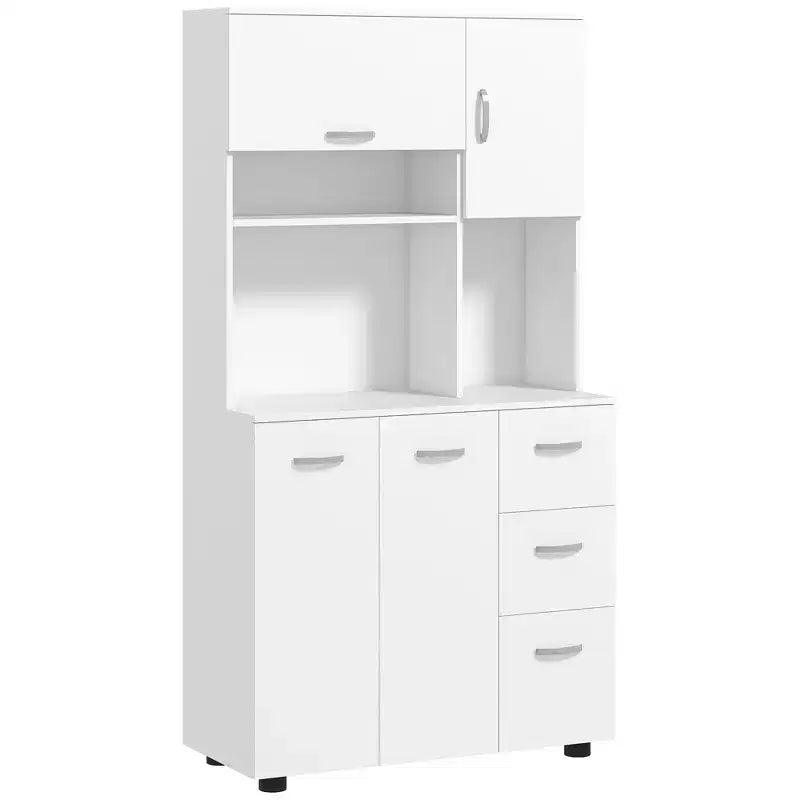 66" Buffet with Hutch, Freestanding Kitchen Pantry Cabinet with 2 Large Cabinets, 1 Pull-Up Cabinet, 3 Drawers & Wide Countertop, White