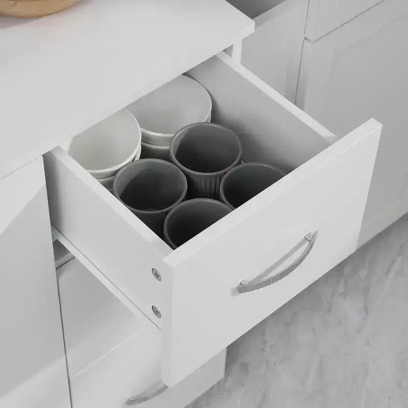 66" Buffet with Hutch, Freestanding Kitchen Pantry Cabinet with 2 Large Cabinets, 1 Pull-Up Cabinet, 3 Drawers & Wide Countertop, White