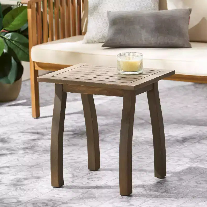 Acacia Wood Outdoor Accent Side Table, Modern End Table for Patio, Backyard, Pool Deck