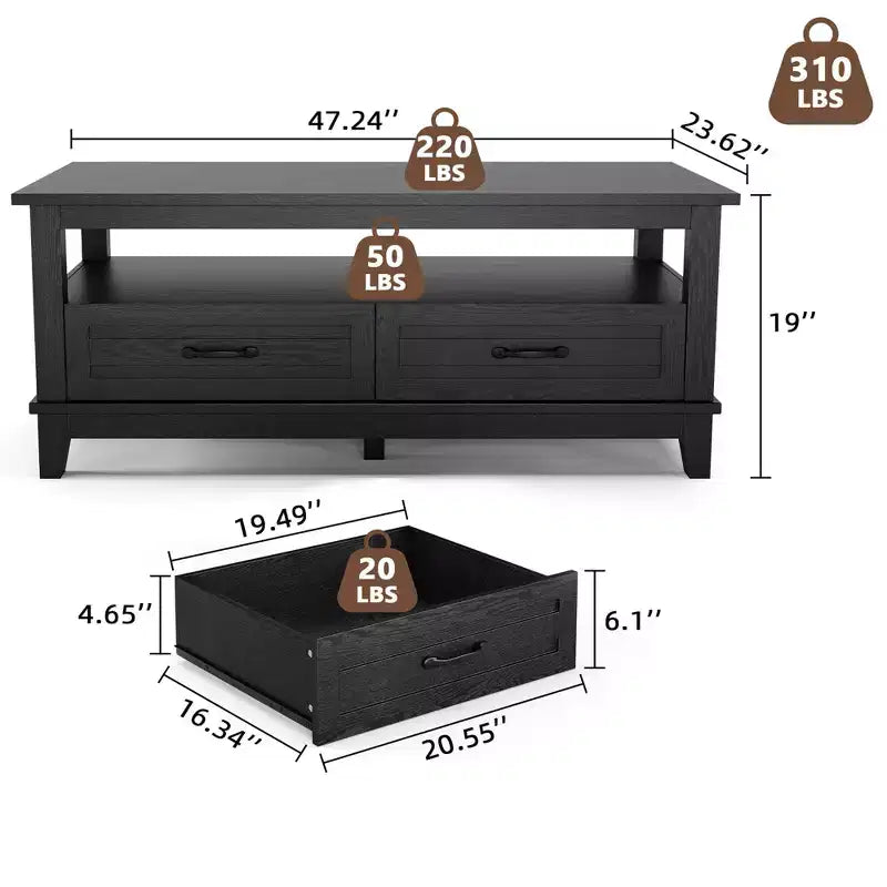 Coffee Table with Drawers and Open Shelf, 47.2 in, Black, 6-Leg Base