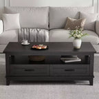Coffee Table with Drawers and Open Shelf, 47.2 in, Black, 6-Leg Base
