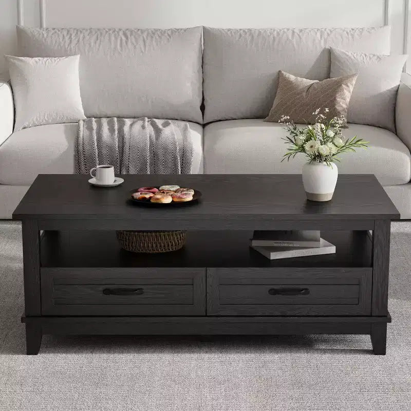 Coffee Table with Drawers and Open Shelf, 47.2 in, Black, 6-Leg Base