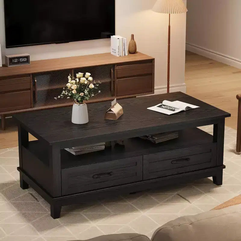 Coffee Table with Drawers and Open Shelf, 47.2 in, Black, 6-Leg Base