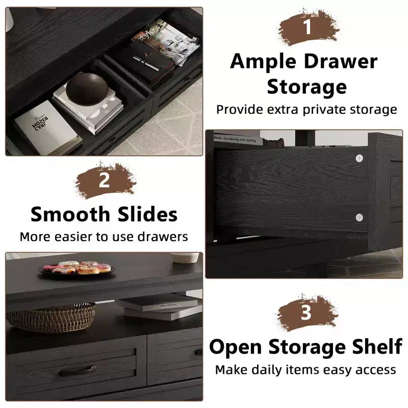 Coffee Table with Drawers and Open Shelf, 47.2 in, Black, 6-Leg Base