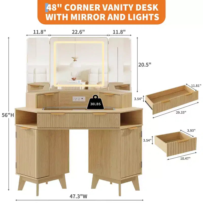 47" Corner Makeup Vanity Desk with LED Mirror, Glass Top, Storage Drawers & Charging Station