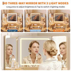 Coiffeuse d'angle de 47" avec miroir LED, plateau en verre, tiroirs de rangement et station de charge