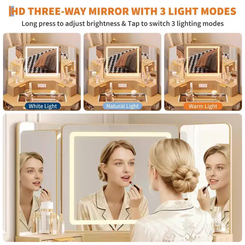47" Corner Makeup Vanity Desk with LED Mirror, Glass Top, Storage Drawers & Charging Station
