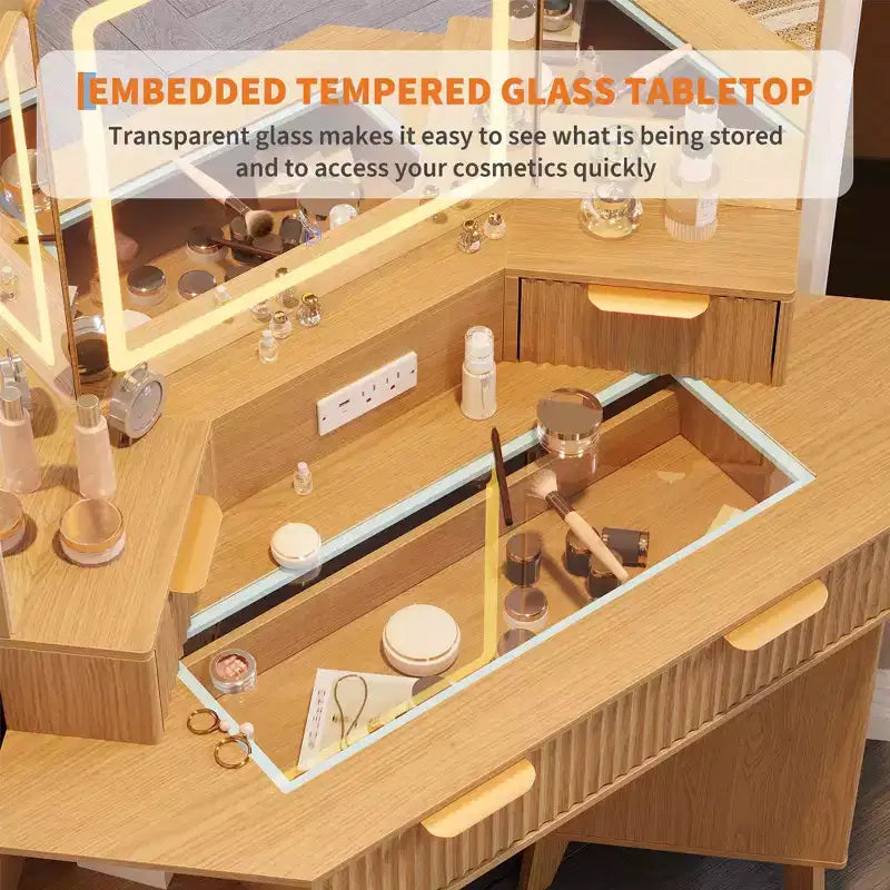 47" Corner Makeup Vanity Desk with LED Mirror, Glass Top, Storage Drawers & Charging Station