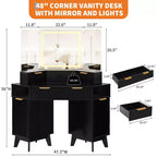 Coiffeuse d'angle de 47" avec miroir LED, plateau en verre, tiroirs de rangement et station de charge