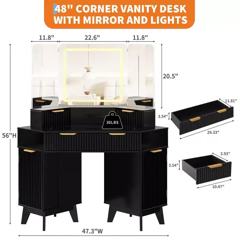 47" Corner Makeup Vanity Desk with LED Mirror, Glass Top, Storage Drawers & Charging Station
