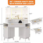 Coiffeuse d'angle de 47" avec miroir LED, plateau en verre, tiroirs de rangement et station de charge