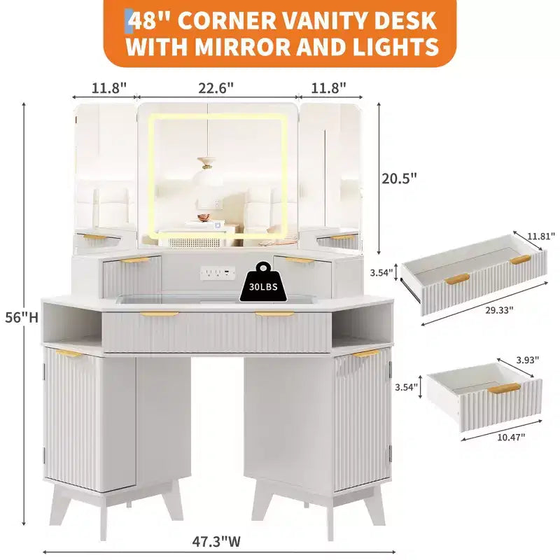 47" Corner Makeup Vanity Desk with LED Mirror, Glass Top, Storage Drawers & Charging Station