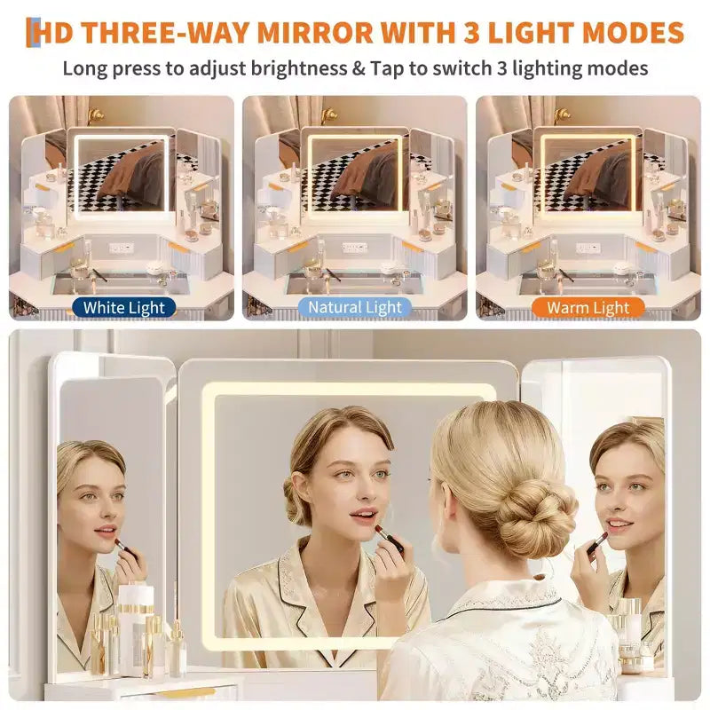 47" Corner Makeup Vanity Desk with LED Mirror, Glass Top, Storage Drawers & Charging Station