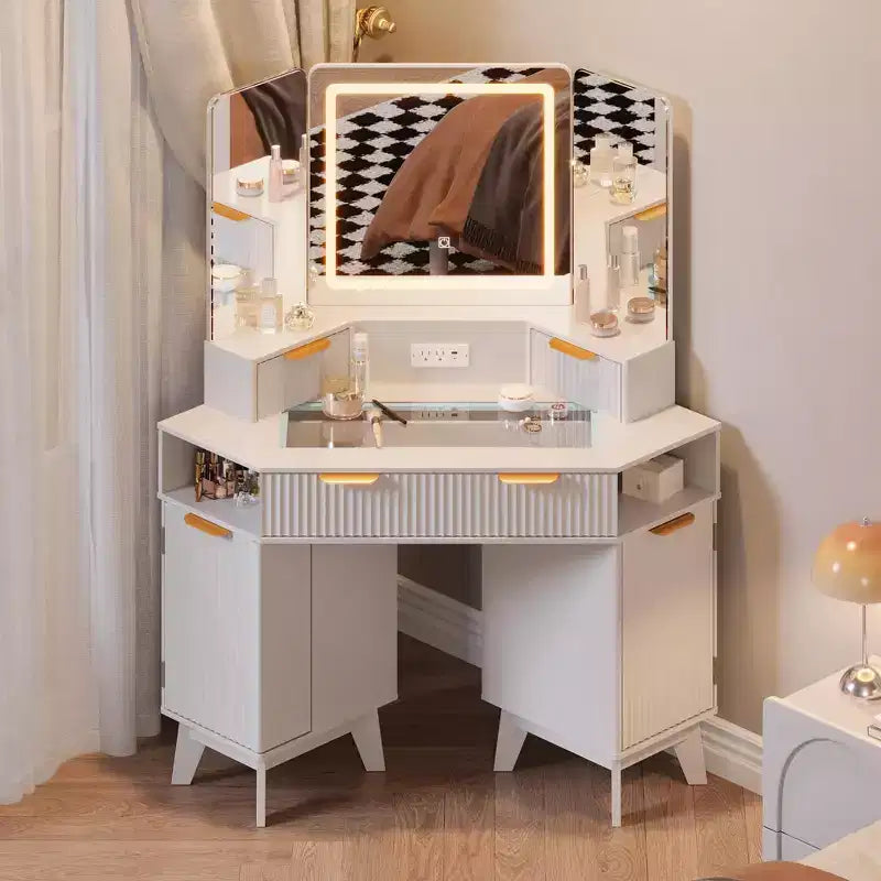 47" Corner Makeup Vanity Desk with LED Mirror, Glass Top, Storage Drawers & Charging Station