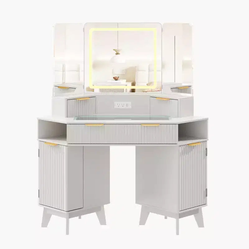 47" Corner Makeup Vanity Desk with LED Mirror, Glass Top, Storage Drawers & Charging Station