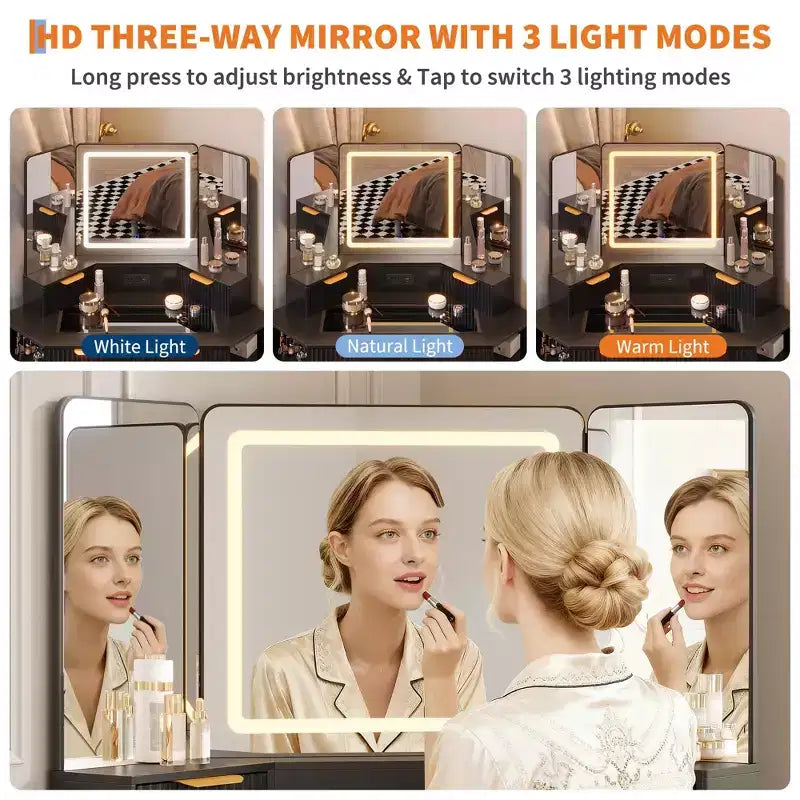 47" Corner Makeup Vanity Desk with LED Mirror, Glass Top, Storage Drawers & Charging Station