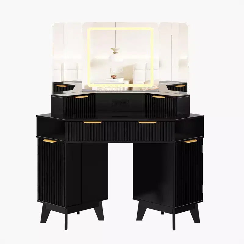 47" Corner Makeup Vanity Desk with LED Mirror, Glass Top, Storage Drawers & Charging Station