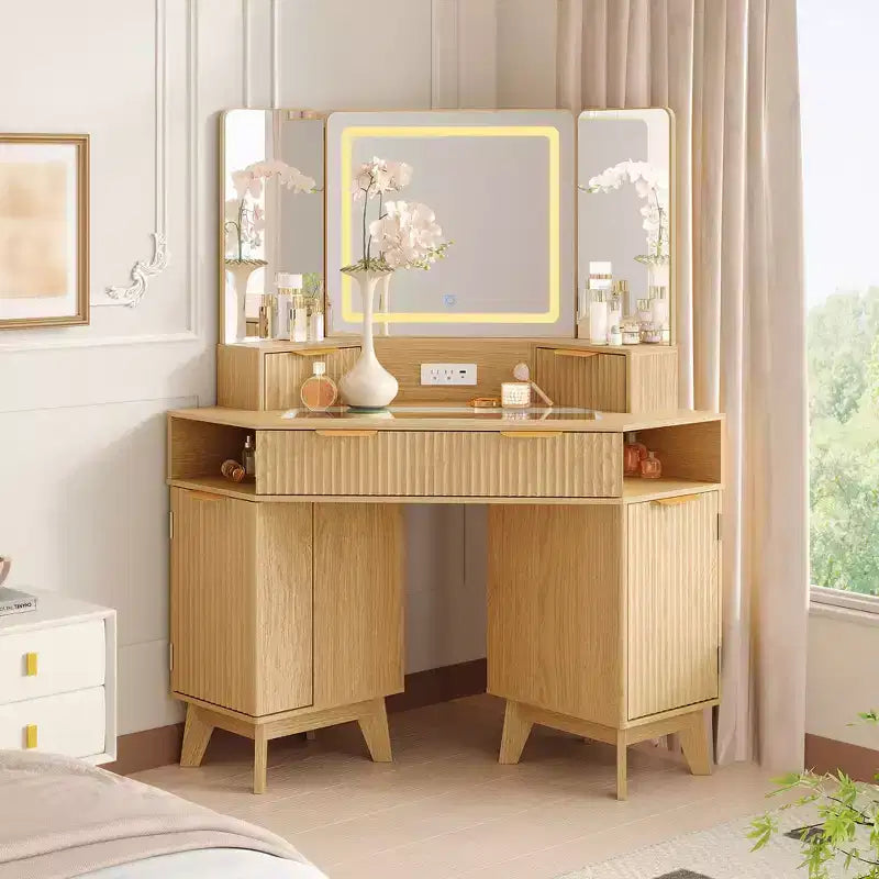47" Corner Makeup Vanity Desk with LED Mirror, Glass Top, Storage Drawers & Charging Station