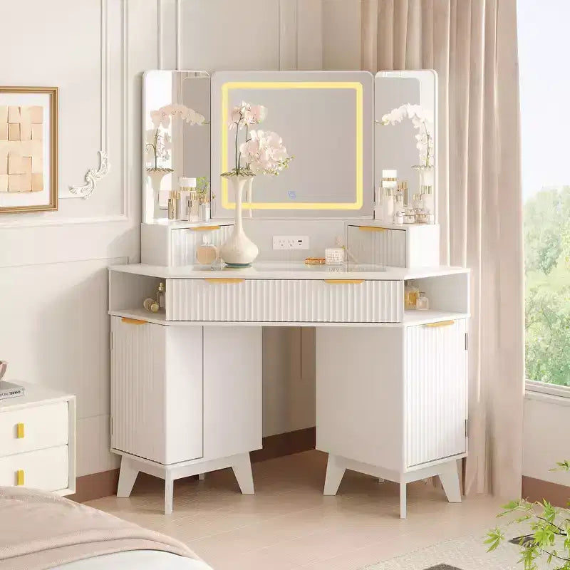 47" Corner Makeup Vanity Desk with LED Mirror, Glass Top, Storage Drawers & Charging Station