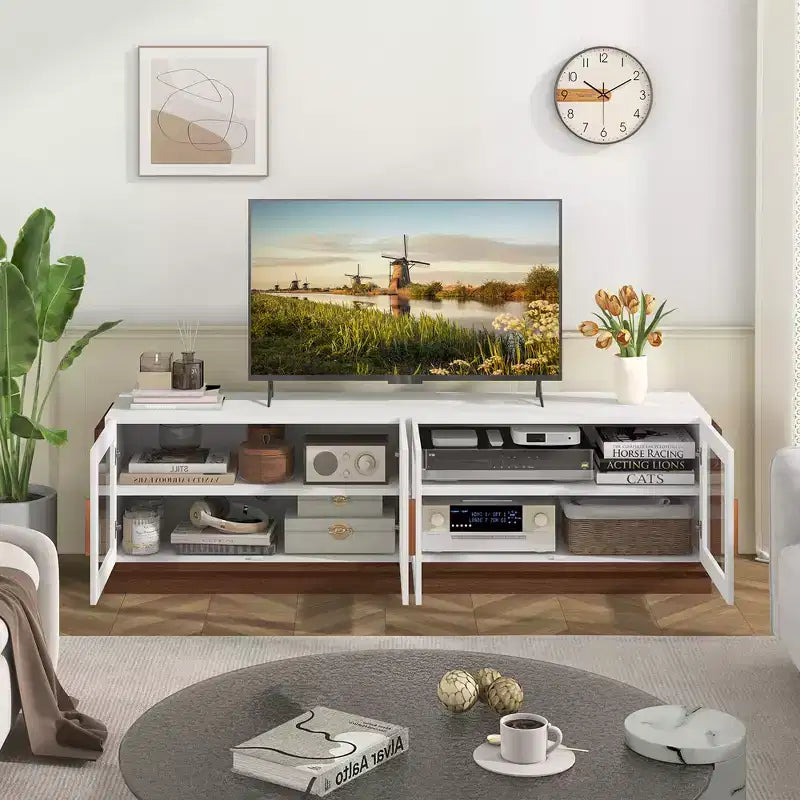 Large TV Stand for TVs up to 75 Inches with 4 Tempered Glass Doors
