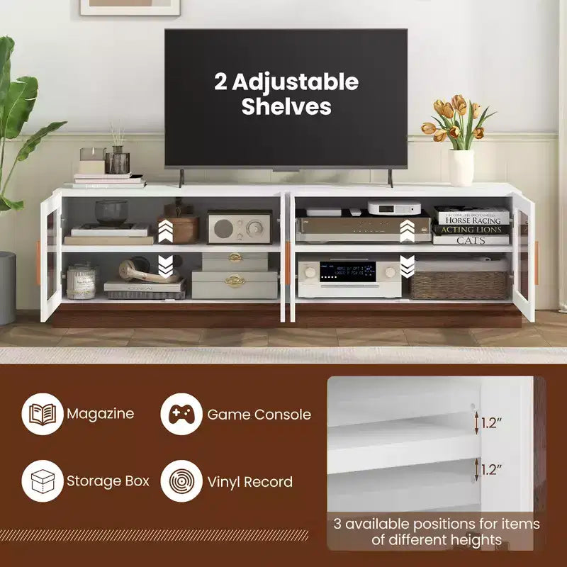Large TV Stand for TVs up to 75 Inches with 4 Tempered Glass Doors