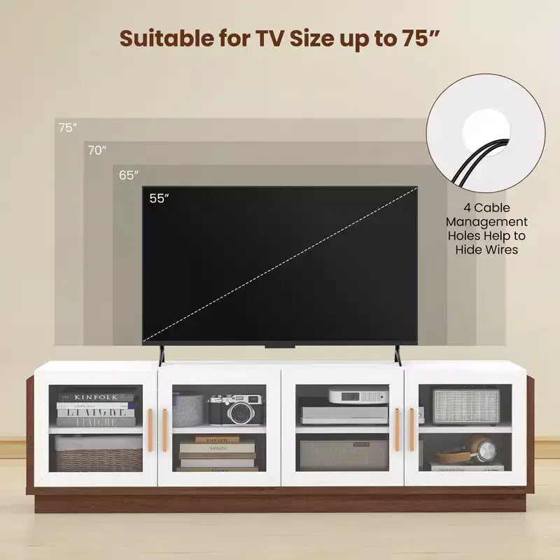 Large TV Stand for TVs up to 75 Inches with 4 Tempered Glass Doors