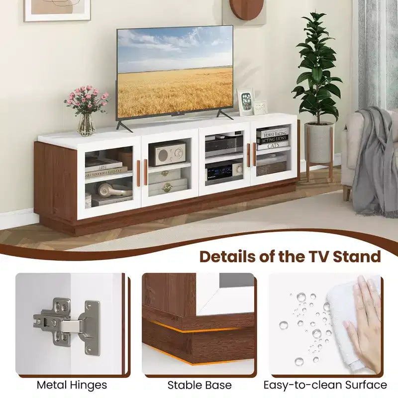 Large TV Stand for TVs up to 75 Inches with 4 Tempered Glass Doors