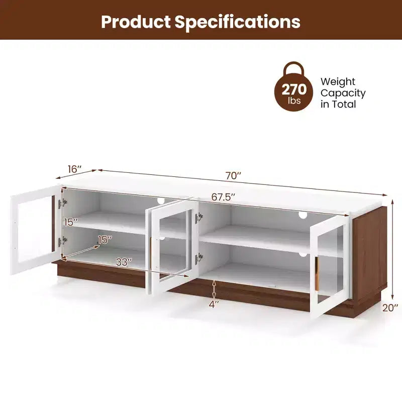 Large TV Stand for TVs up to 75 Inches with 4 Tempered Glass Doors