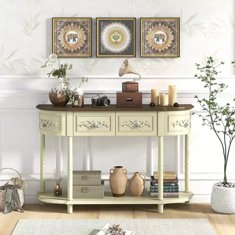 52-Inch Half-Moon Console Table with Drawers and Open Shelf