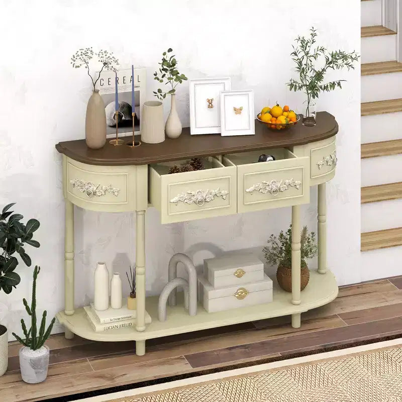 52-Inch Half-Moon Console Table with Drawers and Open Shelf