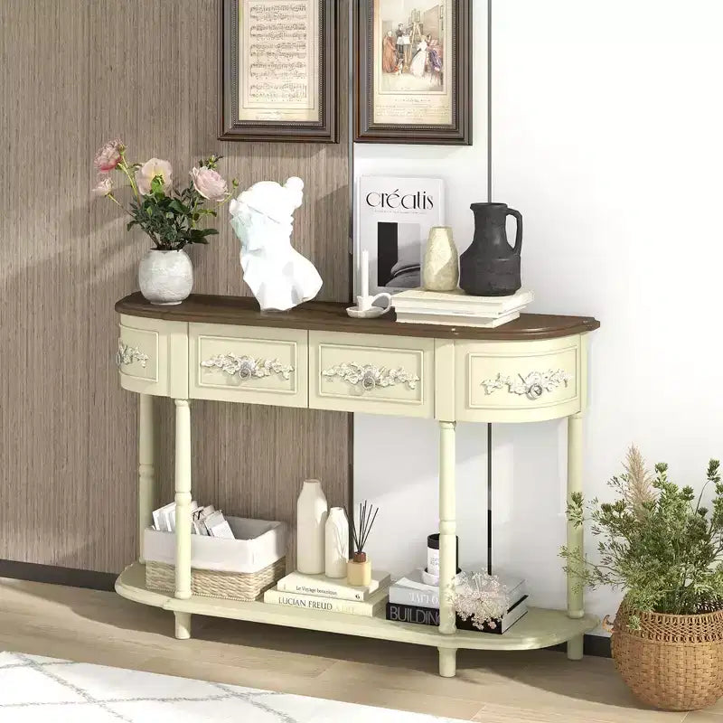 52-Inch Half-Moon Console Table with Drawers and Open Shelf