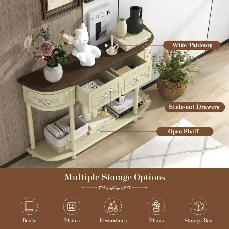 52-Inch Half-Moon Console Table with Drawers and Open Shelf