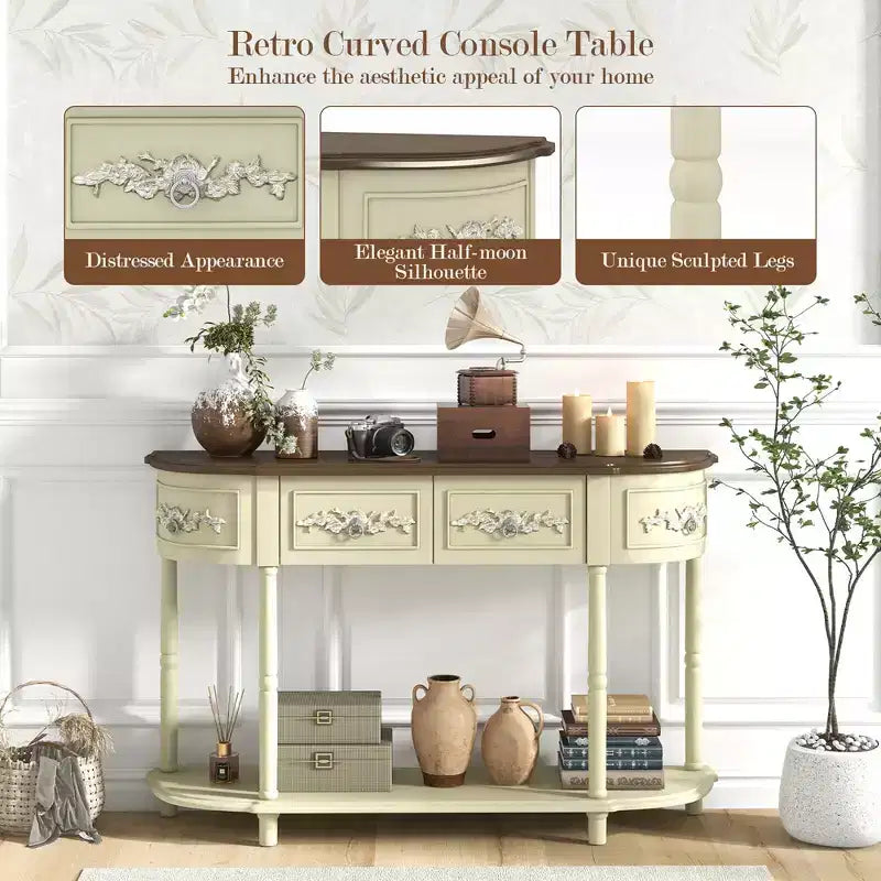 52-Inch Half-Moon Console Table with Drawers and Open Shelf