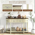 Console demi-lune de 52 pouces avec tiroirs et étagère ouverte