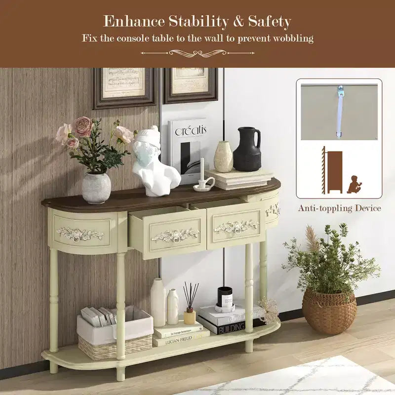 52-Inch Half-Moon Console Table with Drawers and Open Shelf