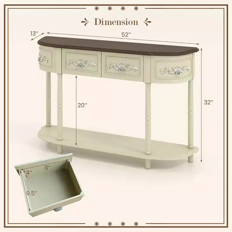 52-Inch Half-Moon Console Table with Drawers and Open Shelf