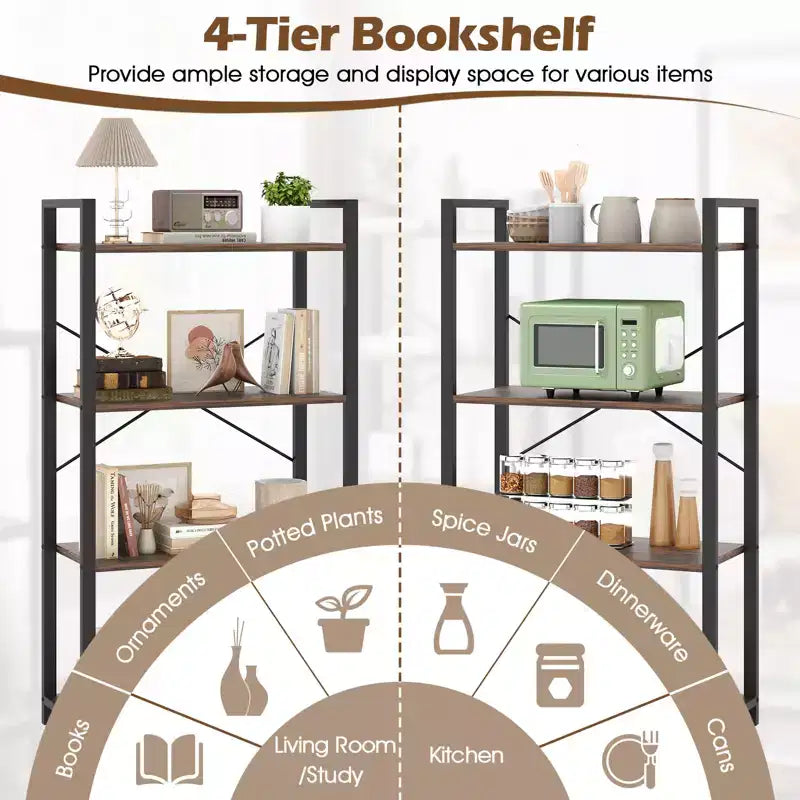 4-Tier Metal Frame Floor Bookcase, Set of 2
